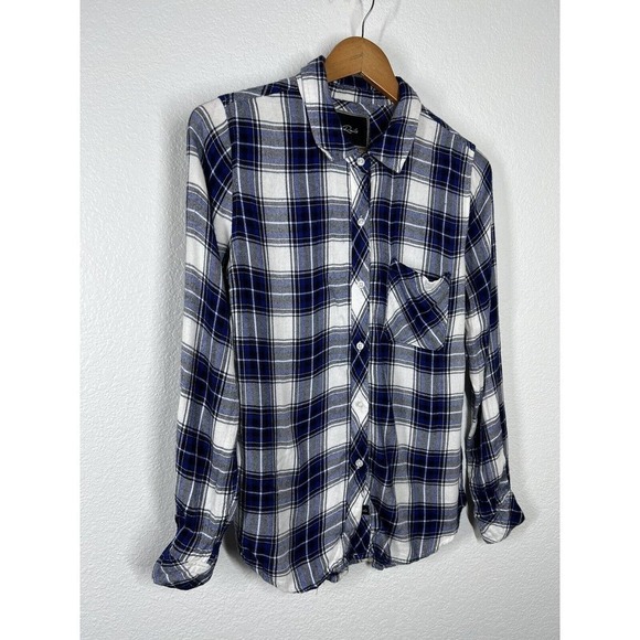 Rails Plaid Button Down Flannel Top XS Long Sleeves Soft Blue White Black - Picture 3 of 5